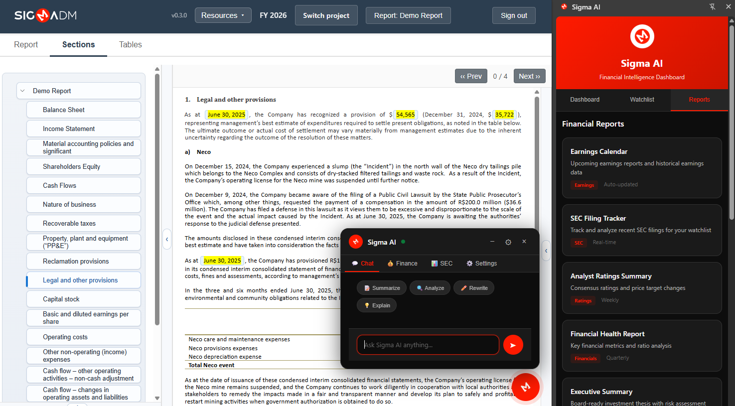 SigmaDM report editor with Sigma AI Financial Intelligence Dashboard open alongside a disclosure section