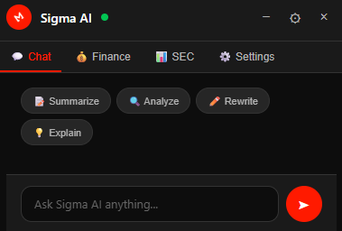Sigma AI chat panel with Summarize, Analyze, Rewrite, and Explain actions